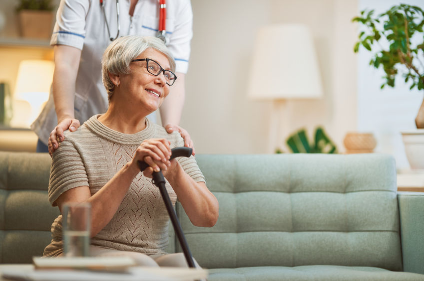 Happy patient and caregiver at a skilled nursing facility